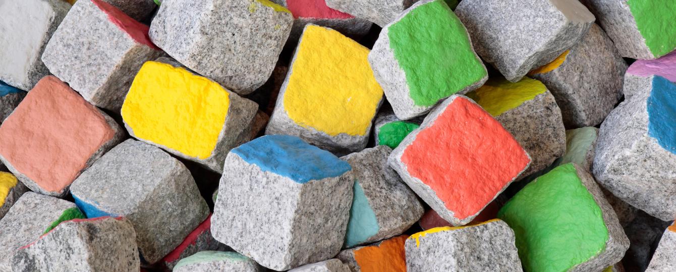 Pascale Marthine Tayou, Colored Stones (detail) 2018. Courtesy the artist and GALLERIA CONTINUA, exhibition view Hedges, Edges, Dirt - ICA / VCU, Richmond, USA, 2018. copyright ADAGP, Paris. Photo by David Hunter Hale for ICA / VCU. Pascale Marthine Tayou, Colored Stones (detail) 2018. Courtesy the artist and GALLERIA CONTINUA, exhibition view Hedges, Edges, Dirt - ICA / VCU, Richmond, USA, 2018. copyright ADAGP, Paris. Photo by David Hunter Hale for ICA / VCU.