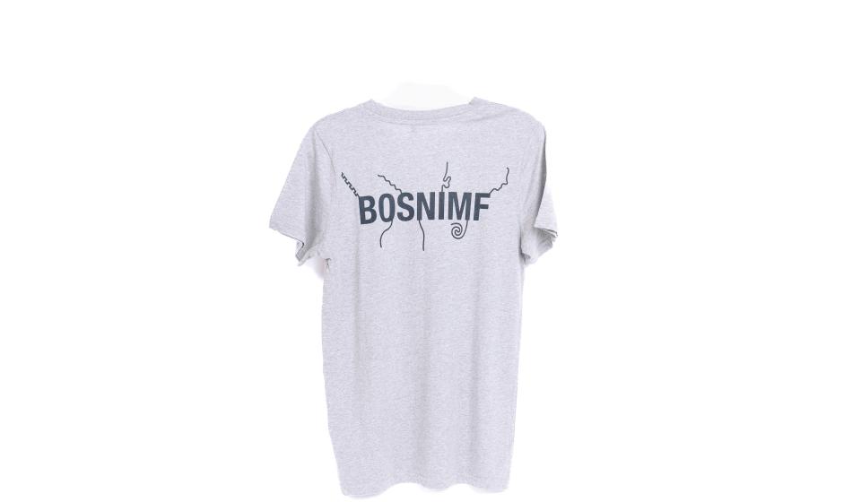 Grijze T-shirt bosnimf rugzijde met zwarte opschrift bosnimf